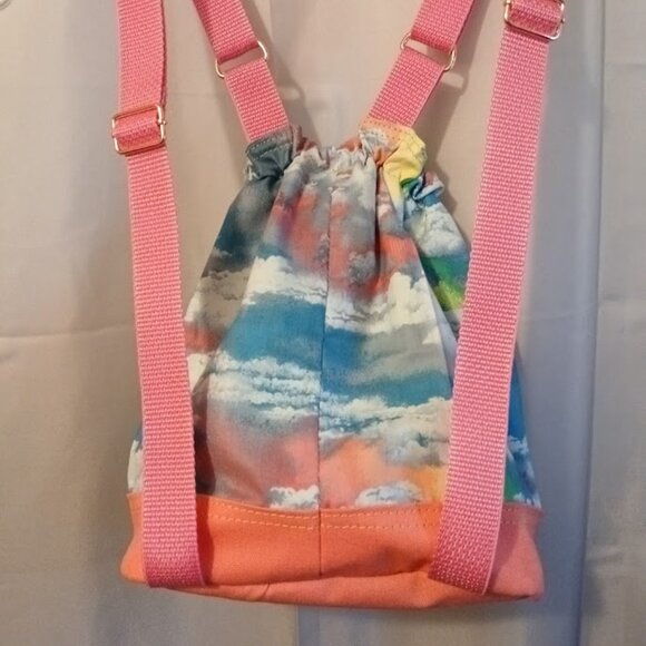 New Rainbow Clouds print Mini Backpack Sling Bag Pink Blue Green Drawstring tote - Picture 7 of 9